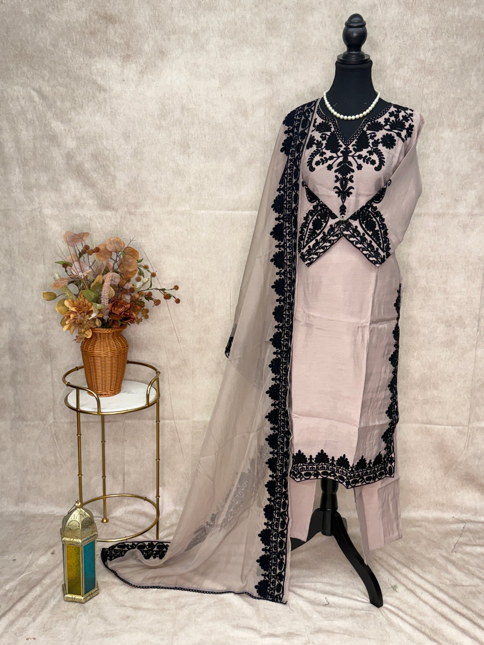 Blush Pink & Black Embroidered 3-Piece Suit Set